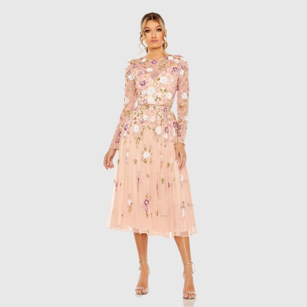 Mac Duggal Pink and Purple Embellished Midi Dress with Bishop Sleeves